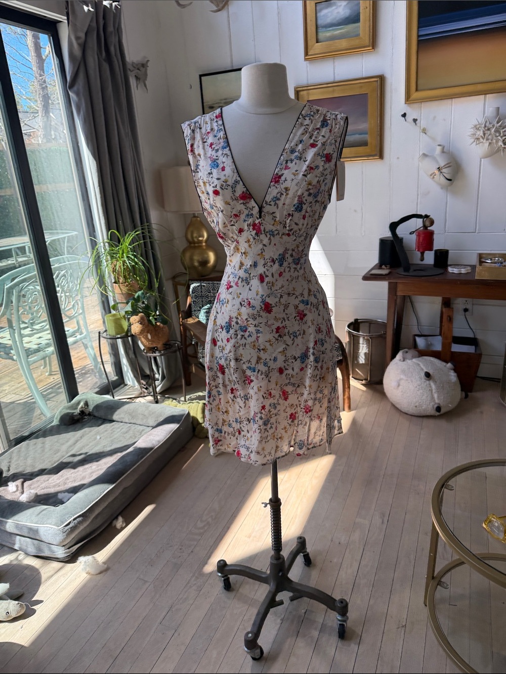 Doen Cream Mini Wrap Dress with Pink & Blue Floral
